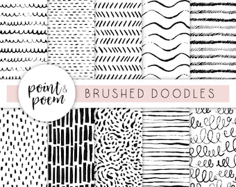 Carte digitali, Black & White Digital Paper Pack, Paint Brush Ink Doodle Patterns, Digital Scrapbooking Paper - Commercial Use