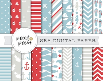 Maritimes digitales Papier Pack digitales Muster Meer marine blau rot Chevron Polkadots Streifen Wellen Anker Scrapbook Nautik Clipart