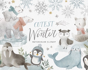 Winter watercolor clipart, Cute arctic animals, polar animals watercolor graphics, Seal, Walrus, Fox, Penguin, Bear, Winter Holidays png