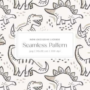 May include: A seamless pattern featuring various dinosaur illustrations in shades of gray and white. The design includes different dinosaur species, such as the T-Rex and Stegosaurus, with a neutral background and scattered dot accents. The text reads "Seamless Pattern".
