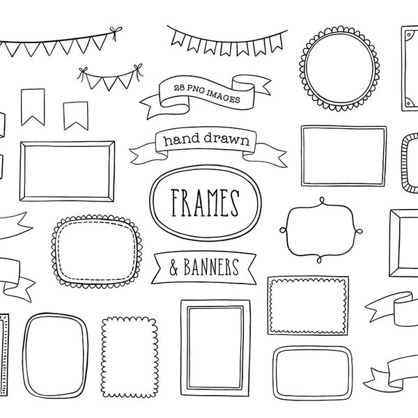 Hand Drawn Design Elements commercial use clipart - frames, borders, ribbons and banners, bunting, doodle illustrations