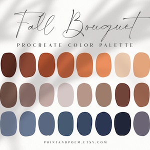 May include: A Procreate colour palette titled "Fall Bouquet" featuring 24 oval-shaped colour swatches in shades of brown, orange, beige, and blue. The Etsy shop URL is visible at the bottom.