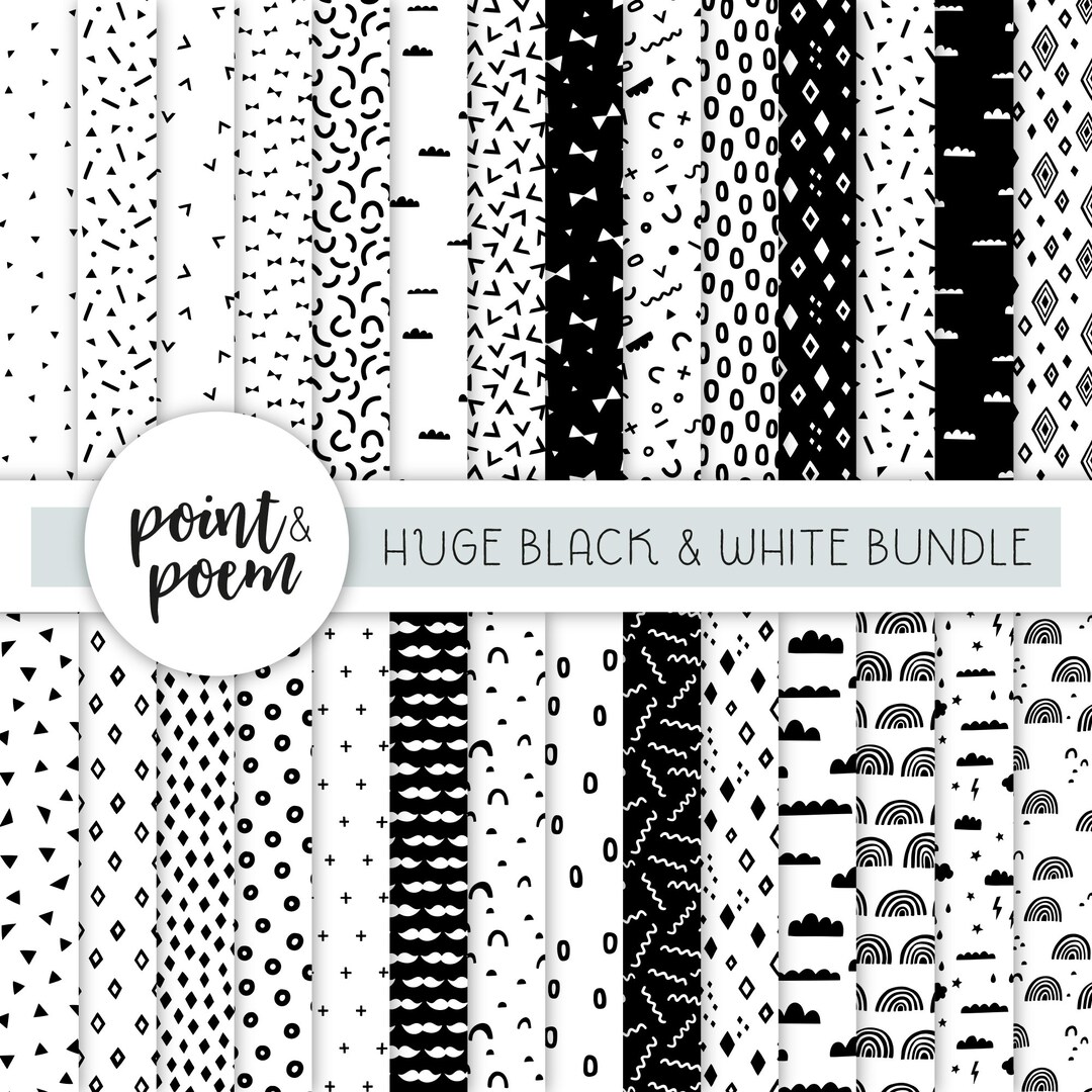 Digital Papers, Black & White Digital Paper Pack, Scandinavian Doodle