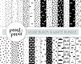 Documenti digitali, pacchetto di carta digitale in bianco e nero, modelli scandinavi doodle, documento di scrapbooking digitale - Uso commerciale