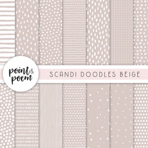 Doodle Scandinavian Digital Papers, Beige & White Digital Paper Pack, Hand Drawn Patterns, Digital Scrapbooking Paper - Commercial Use