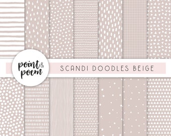 Doodle Scandinavian Digital Papers, Beige & White Digital Paper Pack, Hand Drawn Patterns, Digital Scrapbooking Paper - Commercial Use