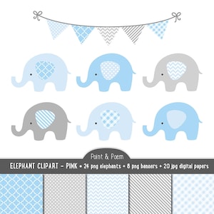Elephant Clip Art, Digital Papers, Blue Baby clipart, Blue & Gray Baby Shower, Baby Boy, 32 PNG - Commercial Use