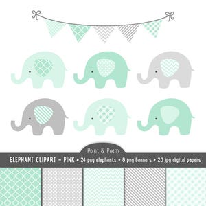 Elephant Clip Art, Digital Papers, Mint Green Baby clipart, Mint & Gray Baby Shower, Boy - Commercial Use