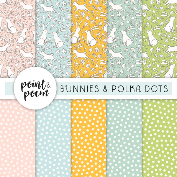 Easter Digital Papers, Spring Digital Papers, Polka Dots and Rabbits, Rainbow Digital Paper, Hand drawn Patterns, Commercial Use