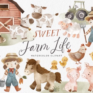 Clipart de aquarela de fazenda, clipart digital de animais de fazenda fofos, chá de bebê de fazenda, arte de decoração de berçário, arte para impressão de fazenda