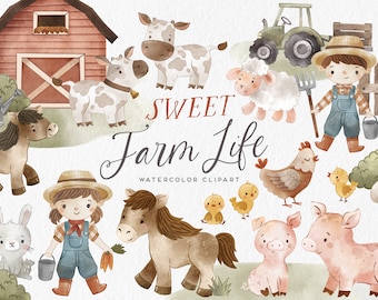 Farm watercolor clipart, Cute farm animals Digital Clip Art, Farm baby shower, Nursery Nursery Decor art, Farm printable art