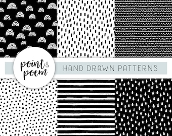 May include: A set of nine black and white hand-drawn patterns. The patterns include rainbows, dots, stripes, waves, and raindrops. The text "point & poem" is in a circle at the top of the image.