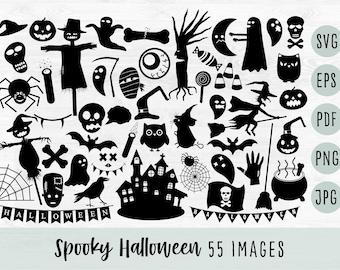 Spooky Halloween Clipart Silhouettes in Black - SVG Cut Files for Cricut - Vector eps - jpg png pdf - Digital Stamps - Commercial Use