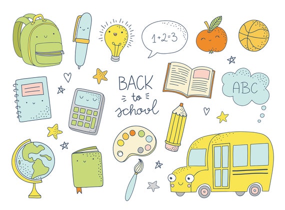 School clipart. Cute doodle back to school supplies, objects and icons.  Student kids art. Instant Download PNG.