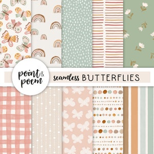 Digitale Papiere Schmetterling, Digitale Papiere Frühling, Schmetterlinge und Blumen, Rosa Grün Orange Beige Digitales Papier, Handgezeichnet, Kommerzielle Nutzung