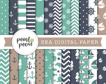 Navy Turquoise Nautical Digital Paper, Sea, Coastal, Sailing, Summer Vacation, Scrapbooking - Commercial Use