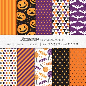 May include: A collection of 10 digital papers featuring Halloween patterns including orange stripes, jack-o'-lanterns on black, purple polka dots, geometric triangles, white bats on purple, multi-colored dots, diagonal stripes, candy, and stars.