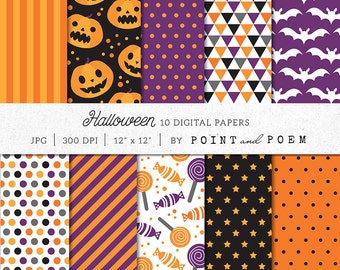 May include: A collection of 10 digital papers featuring Halloween patterns including orange stripes, jack-o'-lanterns on black, purple polka dots, geometric triangles, white bats on purple, multi-colored dots, diagonal stripes, candy, and stars.