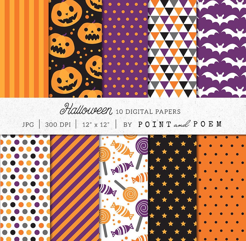 May include: A collection of 10 digital papers featuring Halloween patterns including orange stripes, jack-o'-lanterns on black, purple polka dots, geometric triangles, white bats on purple, multi-colored dots, diagonal stripes, candy, and stars.