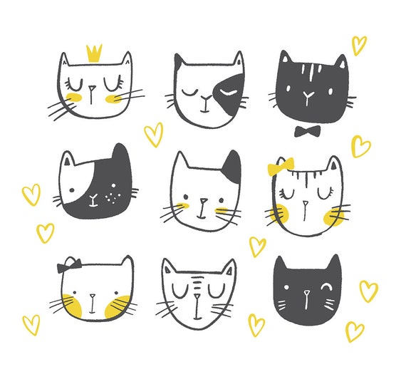 Clipart di gatto e carta digitale Doodle Cat faces ClipArt e carta digitale set senape gialla e nera uso commerciale Clipart di gatto e carta digitale Doodle Cat faces ClipArt e carta digitale set senape gialla e nera uso commerciale