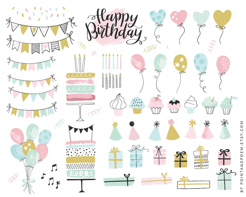 May include: A set of colorful birthday party illustrations, including balloons, cakes, candles, party hats, gift boxes, and bunting. The text "Happy Birthday" is written in black cursive.