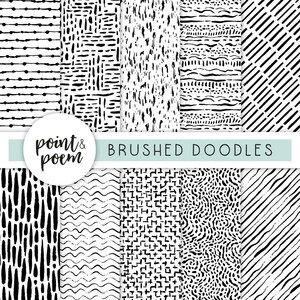 May include: A set of 10 black and white seamless patterns with a brushed doodle style. The patterns include lines, dots, waves, and geometric shapes. The text "point & poem" and "BRUSHED DOODLES" are at the top of the image.