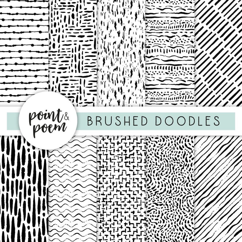 May include: A set of 10 black and white seamless patterns with a brushed doodle style. The patterns include lines, dots, waves, and geometric shapes. The text "point & poem" and "BRUSHED DOODLES" are at the top of the image.