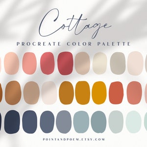 May include: A digital color palette for Procreate with 24 colors in a cottagecore theme. The colors are arranged in three rows of eight colors each. The colors include shades of pink, red, brown, beige, yellow, blue, and green.