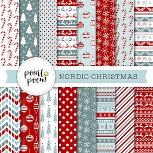 Natale di carta digitale, carta digitale, rosso blu carta Set, Natale nordico, scandinavo, vacanze invernali - uso commerciale