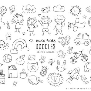 Kids Doodle Clipart, Cute School Clipart | Digital Stamps | Hand-drawn Black and White Graphics | Commercial use | Instant Download