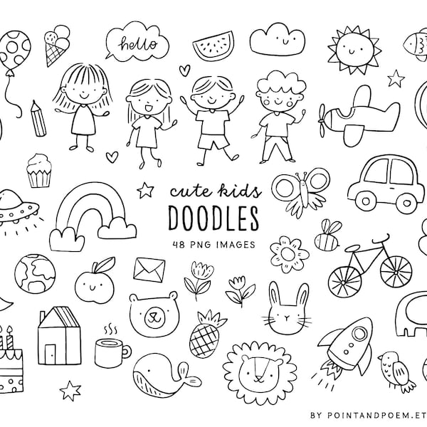 Kids Doodle Clipart, Cute School Clipart | Digital Stamps | Hand-drawn Black and White Graphics | Commercial use | Instant Download