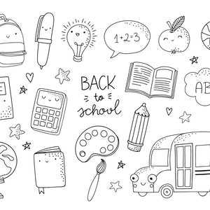 School doodle clipart digital stamps. Cute back to school supplies, objects and icons. Kids coloring sheet. Instant Download PNG.