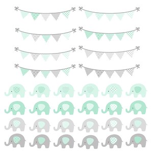 Elephant Clip Art, Digital Papers, Mint Green Baby Clipart, Mint & Gray ...