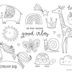 Süße mädchenhafte Einhorn digitale Briefmarken. Färbung Doodle Clipart. Einhorn, Regenbogen, Elefant, Giraffe, gute Stimmung. Png-Bilder.