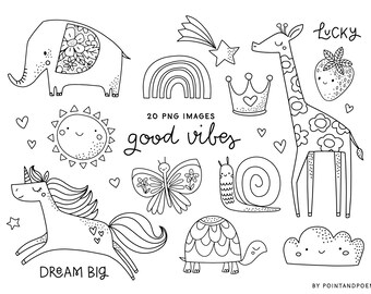 Cute girly Unicorn Digital Stamps. Coloring doodle clipart. Unicorn, rainbow, elephant, giraffe, good vibes. Png images.