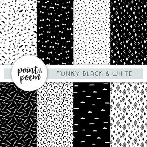 May include: A set of ten black and white seamless patterns with geometric shapes, lines, and abstract designs. The patterns are labeled "Funky Black & White" and "point & poem".