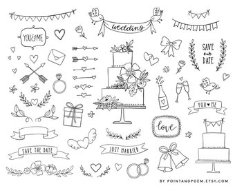 May include: A set of black and white wedding-themed illustrations, including a cake, birds, hearts, arrows, banners, and the words "wedding", "save the date", "just married", "love", and "you & me".
