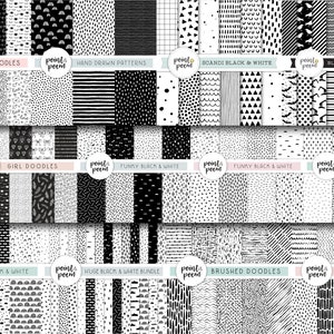 May include: A set of 60 black and white digital paper patterns. The patterns include Valentine's Day, girl doodles, hand-drawn patterns, Scandi, funny, and brushed doodle themes.