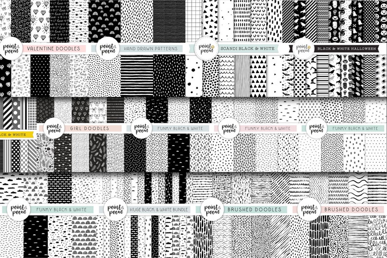 May include: A set of 60 black and white digital paper patterns. The patterns include Valentine's Day, girl doodles, hand-drawn patterns, Scandi, funny, and brushed doodle themes.