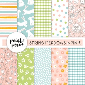 Ostern digitale Papiere, Frühling digitale Papiere, Doodle Kaninchen und Blumen, rosa & grün digitales Papier, von Hand gezeichnet Muster, kommerzielle Nutzung