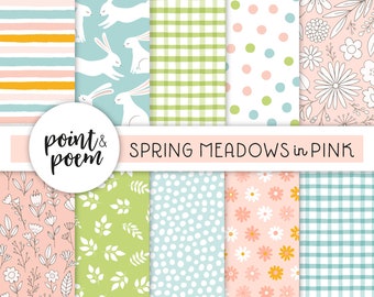 Easter Digital Papers, Spring Digital Papers, Doodle Rabbits and Flowers, Pink & Green Digital Paper, Hand drawn Patterns, Commercial Use