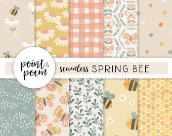 Spring Digital Papers, Cute floral Digital Paper, bee, butterflies, Flowers daisy, Pink Yellow, Hand drawn Patterns, Commercial Use