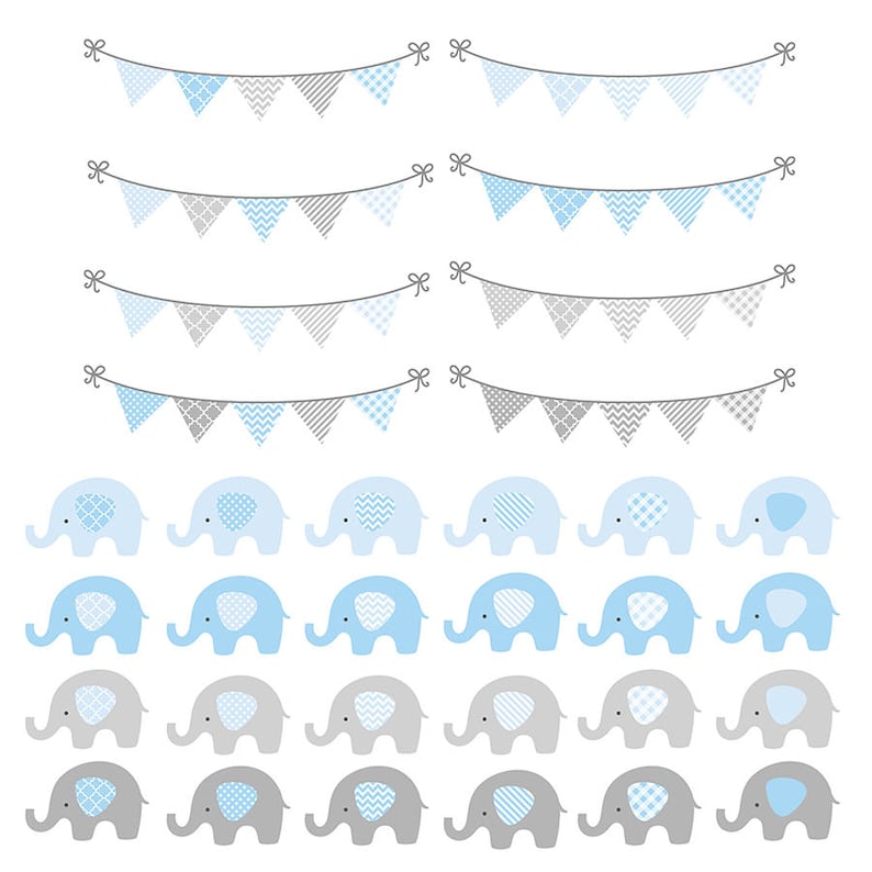 May include: A set of blue and grey elephant and banner clip art images. The elephants have different patterns on their bodies. The banners are strung together with grey string and have different patterns on each flag.