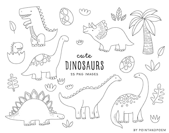 Cute Dinosaur Digital Stamps. Coloring Doodle Clipart. Dino, Dinosaurs,  T-rex, Jurassic. Png Images. Commercial Use Kawaii Clipart. - Etsy