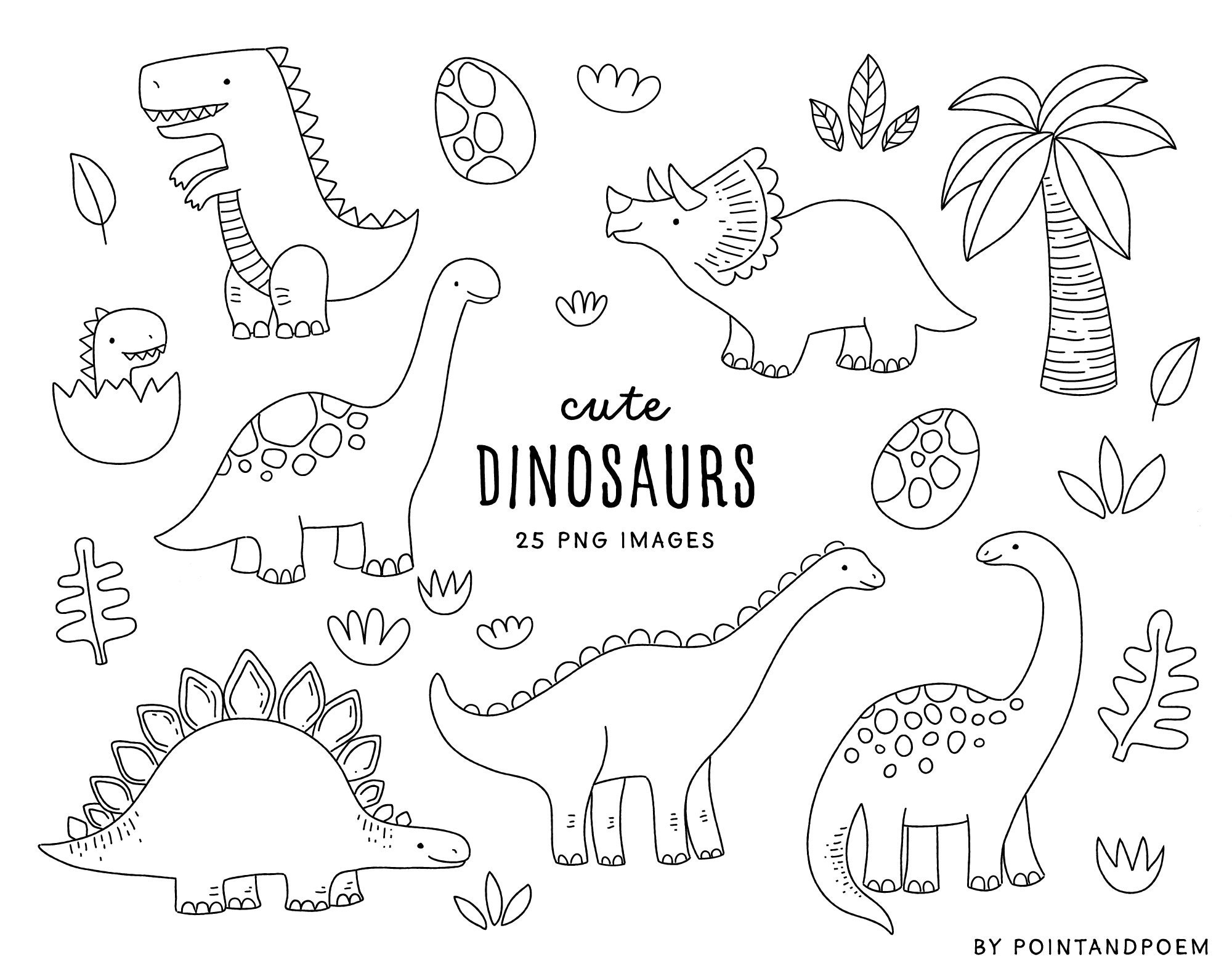 Cute Dinosaur Digital Stamps. Coloring Doodle Clipart. Dino Etsy UK
