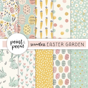 Ostern Digitale Papiere, Frühling Digitale Papiere, Doodle Hasen und Blumen, Rosa Mint Digitales Papier, handgezeichnete Muster, kommerzielle Nutzung