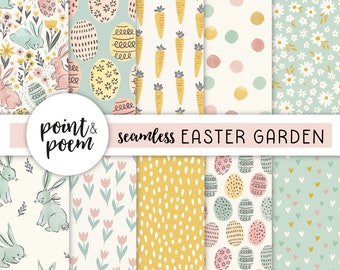Easter Digital Papers, Spring Digital Papers, Doodle Rabbits and Flowers, Pink Mint Digital Paper, Hand drawn Patterns, Commercial Use