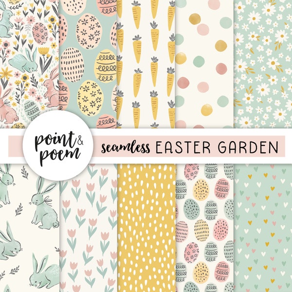 Easter Digital Papers, Spring Digital Papers, Doodle Rabbits and Flowers, Pink Mint Digital Paper, Hand drawn Patterns, Commercial Use