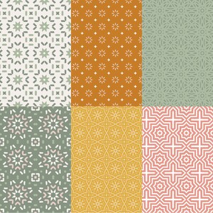 May include: Six different seamless patterns with geometric designs in shades of green, orange, yellow, pink, and white.