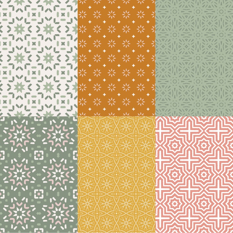 May include: Six different seamless patterns with geometric designs in shades of green, orange, yellow, pink, and white.